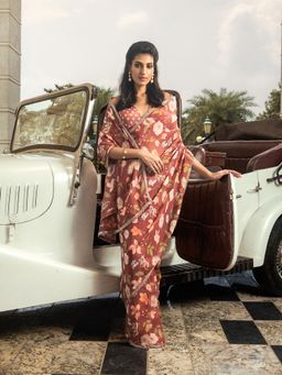 DOHR INDIA - Anchal Brick Brown Floral Printed Organza Saree with Unstitched Blouse