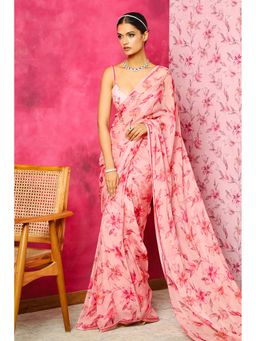 DOHR INDIA - Aliya Pink Floral Printed Organza Saree with Unstitched Blouse