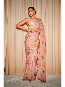 DOHR INDIA - Aria Beige Floral Printed Organza Saree with Unstitched Blouse