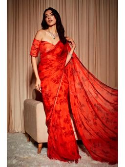 DOHR INDIA - Amina Red Floral Printed Organza Saree with Unstitched Blouse
