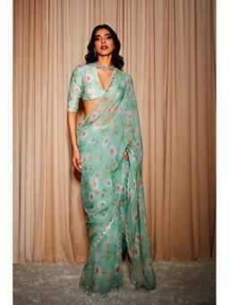 DOHR INDIA - Ava Green Floral Printed Organza Saree with Unstitched Blouse