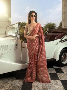 DOHR INDIA - Adah Maroon Floral Printed Organza Saree with Unstitched Blouse