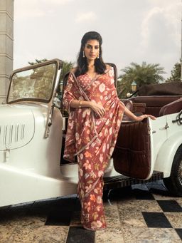 DOHR INDIA - Anchal Brick Brown Floral Printed Organza Saree with Unstitched Blouse