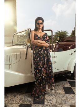 DOHR INDIA - Amaira Black Floral Printed Organza Saree with Unstitched Blouse