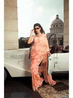 DOHR INDIA - Ameera Peach Floral Printed Organza Saree with Unstitched Blouse