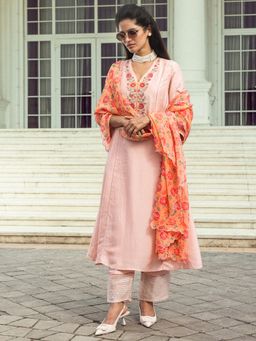 DOHR INDIA - Gul Peach Jacquard A-Line Kurta with Pant and Dupatta (Set of 3)