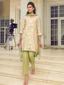 DOHR INDIA - Nehal Olive Floral Printed Kurta with Pant and Dupatta (Set of 3)