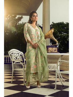 DOHR INDIA - Raha Green Floral Printed A-Line Kurta with Pant and Dupatta (Set of 3)