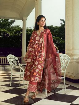 DOHR INDIA - Ruhi Maroon Floral Printed A-Line Kurta with Pant and Dupatta (Set of 3)