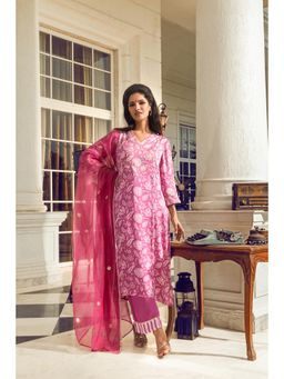 DOHR INDIA - Reba Pink Floral Printed Kurta with Pant and Dupatta (Set of 3)