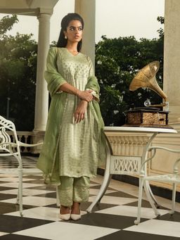 DOHR INDIA - Kimaya Green Floral Buti Kurta with Pant and Dupatta (Set of 3)
