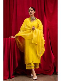 DOHR INDIA - Sunheri Yellow Silk Chanderi Kurta with Palazzo and Dupatta (Set of 3)