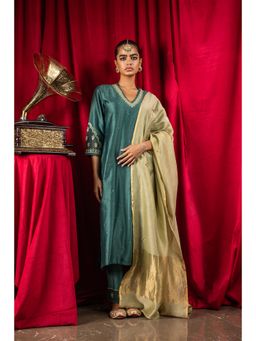 DOHR INDIA - Rehmat Teal Silk Chanderi Kurta with Pant and Dupatta (Set of 3)
