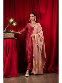 DOHR INDIA - Reha Red Silk Chanderi Kurta with Pant and Dupatta (Set of 3)