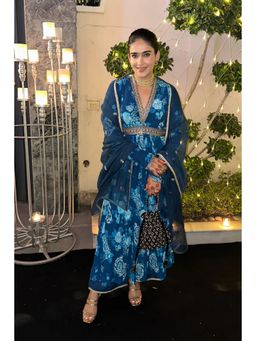 DOHR INDIA - Mumtaz Blue Printed Anarkali Kurta with Palazzo and Dupatta (Set of 3)