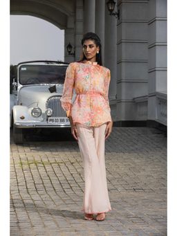 DOHR INDIA - Delilah Orange Floral Printed Organza Blouse Inner with Belt and Pant (Set of 4)