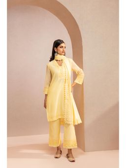 DOHR INDIA - Maya Yellow Cotton Silk Chanderi Kurta with Pant and Dupatta (Set of 3)