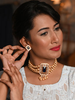 Odette - Blue and Gold Pearl-Kundan Choker (Set of 2)