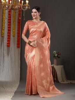 Akhilam - Womens Organza Peach Woven Design Designer Saree with Unstitched Blouse