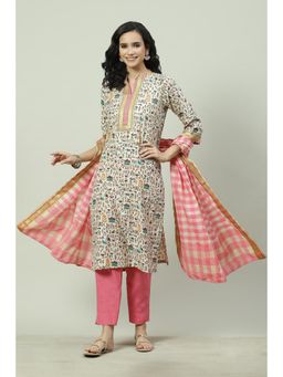 Biba - Beige Cotton Unstitched Suit (Set of 3)