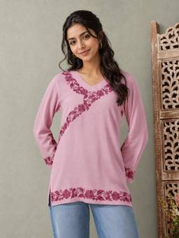 QAZMI - Aari Work Viscose Rayon V-Neck Full Sleeves Kurti