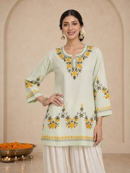 QAZMI - Women Aari Embroidered Viscose Rayon Ethnic Short Kurta