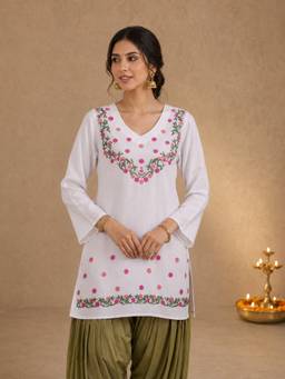 QAZMI - Floral Embroidered V-Neck Kashmiri Aari Work Viscose Rayon Short Kurta