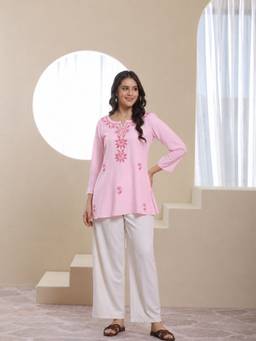 QAZMI - Women's Kashmiri Aari Embroidered Viscose Rayon A-Line Flared Kurti