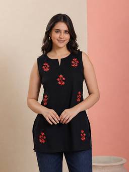 QAZMI - Women Embroidered Viscose Rayon Sleeveless Embroidered Kurti
