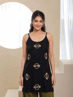 QAZMI - Women Embroidered Viscose Rayon Sleeveless Embroidered Kurti