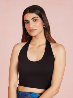 Twenty Dresses by Nykaa Fashion - Black Solid Ribbed Halter Neck T-shirt