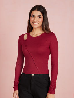 Twenty Dresses by Nykaa Fashion - Burgundy Solid Ribbed Cutout Full Sleeves T-shirt