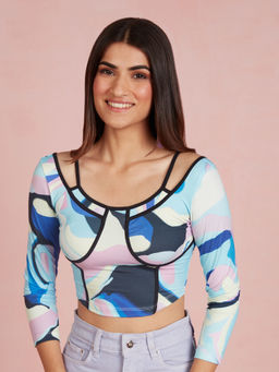 Twenty Dresses by Nykaa Fashion - Multicolor Round Neck Abstract Print Corset Crop Top