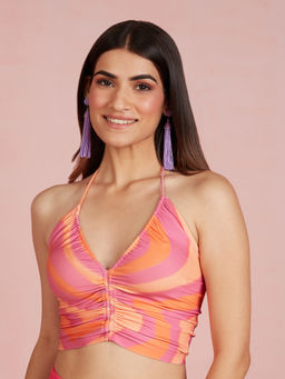 Twenty Dresses by Nykaa Fashion - Pink And Orange Wave Print Halter Neck Crop Top