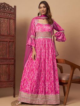 Chhabra 555 - Pink Embroidered Evening Gown Dress and Dupatta (Set of 2)