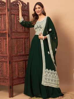 Chhabra 555 - Green Embroidered Evening Gown Dress and Dupatta (Set of 2)