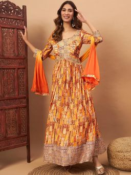 Chhabra 555 - Mustard Printed Evening Gown Dress and Dupatta (Set of 2)