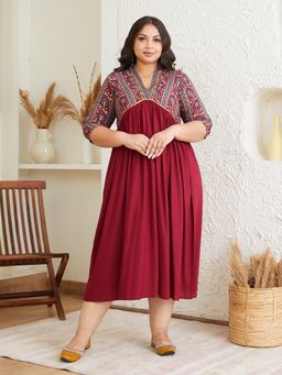 Rustorange - Maroon Floral Midi Dress