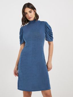 Styli - Women Blue Solid Shimmer High Neck Puff Sleeves A-Line Dress