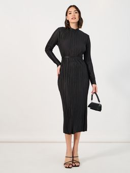 Styli - Women Black Bodycon Midi Dress with Belt (Set of 2)