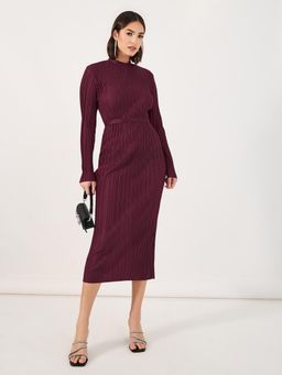 Styli - Women Wine Bodycon Midi Dress with Belt (Set of 2)