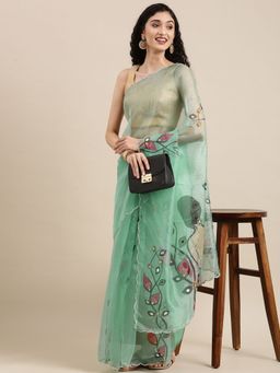 Vastranand - Green Ethnic Motifs Beads And Stones Organza Saree with Unstitched Blouse