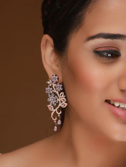 Priyaasi - Floral Ad Purple Stone Studded Rose Gold-Plated Drop Earrings