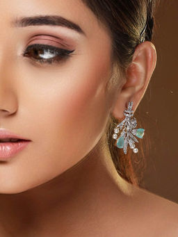 Priyaasi - Blue Floral Ad Pearl Silver-Plated Drop Earrings