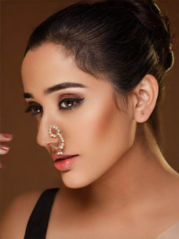 Priyaasi - White Pearl Red Stone Studded Gold-Plated Maharashtrian Nath