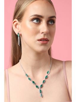Sohi - Silver Plated Party Designer Stone Necklace and Earring Set For Women - Green