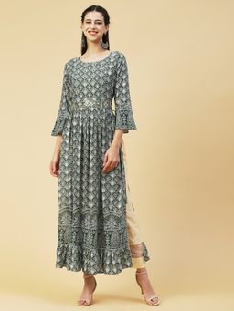 FASHOR - Ethnic Printed Embroidered A-Line Kurta Green & Multi-Color (Set of 2)