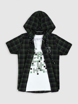 CAVIO - Boys Checks Hooded Half Sleeve Shirt & T-shirt