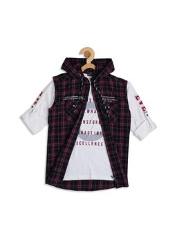 CAVIO - Boys Checks Printed Sleeveless Hooded Jacket & T-shirt
