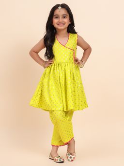 MUD KID - Parrot Green Angarkha Kurta and Pant (Set of 2)